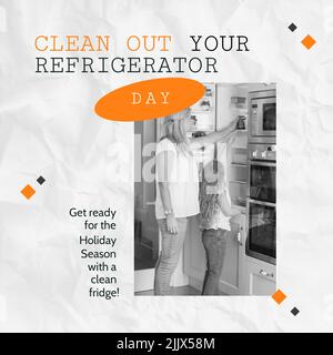 Image of clean out you refrigerator day over caucasian mother and daughter looking into fridge Stock Photo
