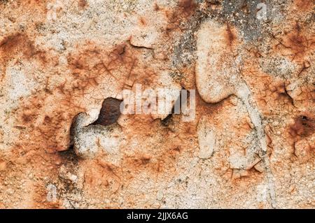 Cracked and peeling weathered paint on an old metal milk container Stock Photo