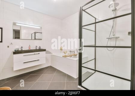 Sinks with mirror and clean bathtub located near shower box with glass door in modern bathroom with white tiled walls Stock Photo