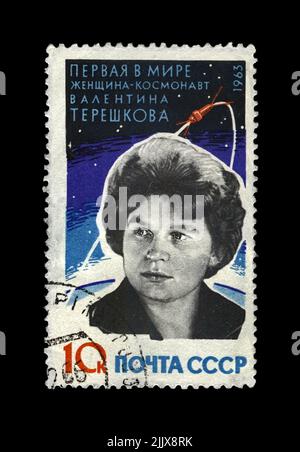Valentina Tereshkova, soviet astronaut, 1st woman in the space, rocket shuttle, circa 1963. canceled stamp printed in USSR (Soviet Union) isolated Stock Photo