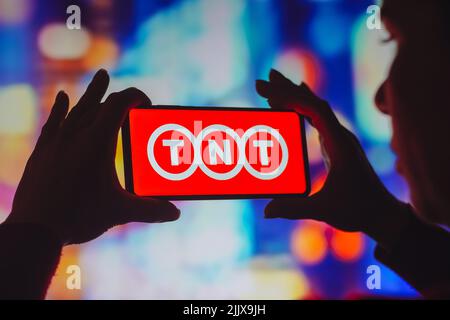 Brazil. 28th July, 2022. In this photo illustration, the TNT Express N.V. logo is displayed on a smartphone screen (Credit Image: © Rafael Henrique/SOPA Images via ZUMA Press Wire) Stock Photo