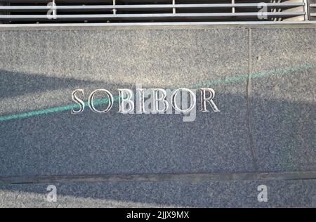 sobibor concentration camp, message on stone wall closeup, holocaust, european stress place diversity Stock Photo