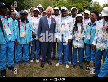 The Prince of Wales poses with athletes and members of the team from Sierra Leone during a visit to the Athletes Village at the University of Birmingham at the Birmingham 2022 Commonwealth Games. Picture date: Thursday July 28, 2022. Stock Photo