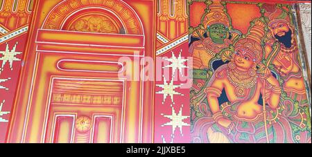 Guruvayoor-Kerala-Traditional mural paintings were painted on the Guruvayoor Temple outer walls for the tourist to see and learn our Stock Photo