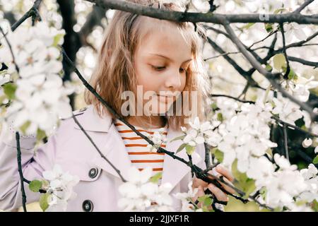 Little girl is walking in spring garder with apple trees and white flowers. Romantic stylish spring kid in coat. Blooming in sunny park. Beautiful nat Stock Photo