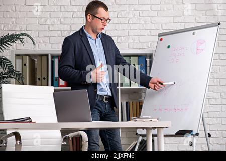 Corporate call, video conference. Online presentation. Young man in a business suit glasses shows a sales growth chart on a white board while in the Stock Photo