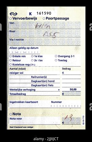 filled printed paper receipt with fifty euro fine for railway travel without valid ticket on Holland language in Amsterdam, Netherlands, circa 2016. Stock Photo