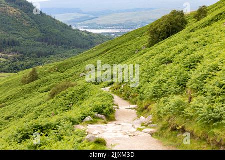 Stony walking hiking trail path on the tourist route up to Ben Nevis, the highest mountain in Great Britain,Grampian mountain range,Scotland Stock Photo