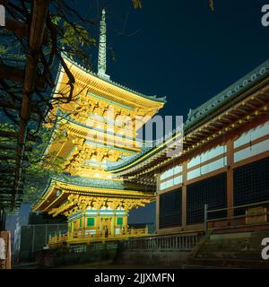 Kyoto, Japan - 12.09.2017: Lights illuminate main pagoda of Kiyomizu-dera temple on a cold December night. Stock Photo