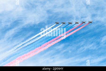 St. Petersburg, Russia. - July 28, 2022: The group of Russian fighters Sukhoi Su-25 in the sky. Stock Photo