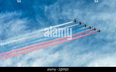 St. Petersburg, Russia. - July 28, 2022: The group of Russian fighters Sukhoi Su-25 in the sky. Stock Photo