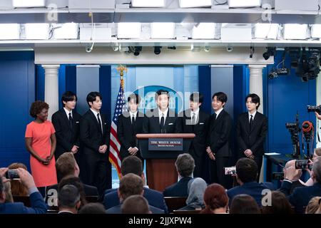 Washington, United States of America. 31 May, 2022. K-Pop band BTS member Kim Nam-joon, known as RM, joins White House Press Secretary Karine Jean-Pierre in the James S. Brady Press Briefing Room of the White House, May 31, 2022, in Washington, D.C. Credit: Erin Scott/White House Photo/Alamy Live News Stock Photo