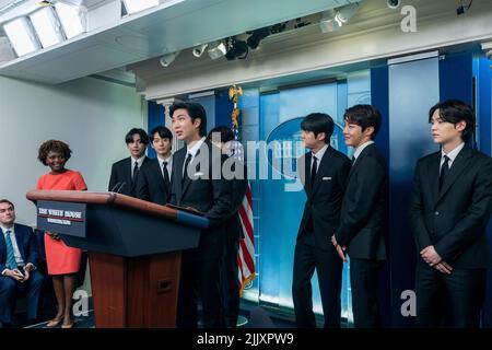 Washington, United States of America. 31 May, 2022. K-Pop band BTS member Kim Nam-joon, known as RM, joins White House Press Secretary Karine Jean-Pierre in the James S. Brady Press Briefing Room of the White House, May 31, 2022, in Washington, D.C. Credit: Erin Scott/White House Photo/Alamy Live News Stock Photo