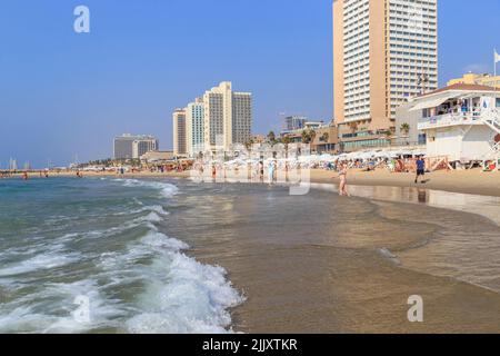 TEL AVIV, ISRAEL - SEPTEMBER 19, 2017: This is line of the urban beaches of the city next to the modern promenade. Stock Photo