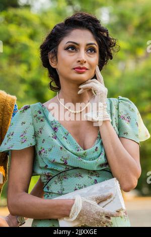 London, UK. 28th July, 2022. Neerja Naik, Olivia - Theatre on Kew preview of Twelfth Night along Pagoda Vista in front of the Great Pagodaw in Kew Gardens. Set in the 1930's the show runs 29 July to 29 August 2022. Credit: Guy Bell/Alamy Live News Stock Photo