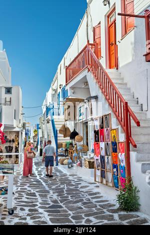 Matoyianni (or "Matoyiannia") street, Chora, Mykonos island, around noon, when everyone is still sleeping. Cyclades, Greece. Stock Photo