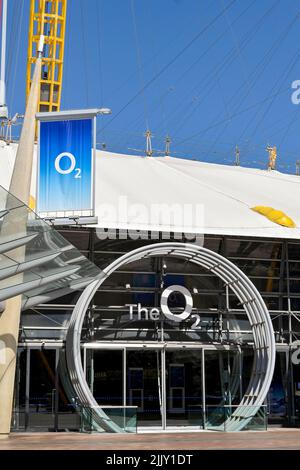 London, England - June 2022: front exterior view of the entrance to the O2 Arena in Greenwich Stock Photo