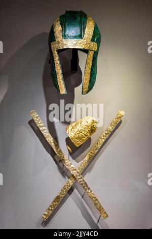 The golden burial masks and armors of ancient Macedonian warriors, are the most impressive exhibits in the Museum of Pella, Macedonia, Greece. Stock Photo