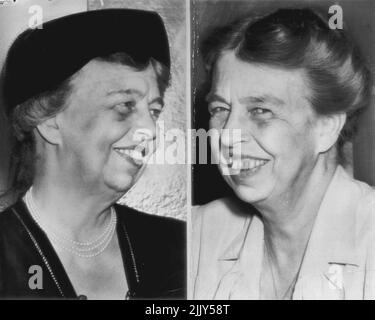 Replacements For Roosevelt Teeth Lost In Accident - Mrs. Eleanor Roosevelt (left) smiles and shows her two new upper front teeth here today. The teeth, to quote Mrs. Roosevelt, are 'Two Lovely Porcelain ones, which will look much better than the rather protruding large teeth which most of the Roosevelts have.' Mrs. Roosevelt smiles at right before she lost her teeth in Automobile accident on Aug. 14. November 7, 1954. (Photo by AP Wirephoto). Stock Photo