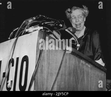 Addresses Labor Convention - Mrs. Eleanor Roosevelt addresses delegates of merged AFL-CIO unions today at the 71st Regiment Armory. She told the delegates that "since you have his new power you will accept greater responsibility as citizens." December 8, 1955. (Photo by AP Wirephoto). Stock Photo