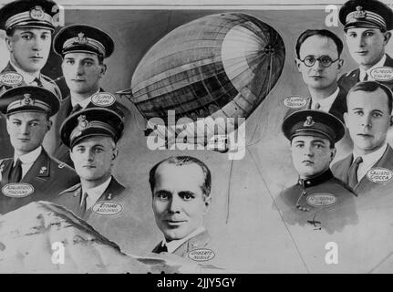 Nobile And Members Of His Crew Marooned In Arctic -- Above is shown a composite picture showing the Dirigible 'Italia', its commander, General Umberto Nobile, and the members of his crew, all of whom are marooned in the arctic regions after a forced landing amidst the ice and snow crags of the far north. Two members of the crew were injured during the landing process. June 11, 1928. (Photo by International Newsreel Photo). Stock Photo