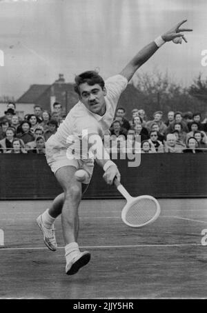 Dance Beats Night In Sutton Hall -- Kurt Nielsen of Denmark, a Wimbeldon finalist last year, in fleet-footed action against W.A. (Bill) Knight British and Australian junior champion, in the men's singles final of the Sutton (Surrey) Lawn Tennis tournament to-day (Saturday). Nielsen won 6-3, 6-4. Temperamental Dane Kurt Nielsen, ***** British Davis Cup player C. L. Paish in a semi ***** of the British hardcourt Championship Yesterday. April 24, 1954. (Photo by Reuterphoto). Stock Photo