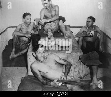 Program title : Our World: The Burma Railway Description: 90' ABC-TV documentary - the story of the infamous Burma railway and the Australian prisoners of war who were forced to build it. Picture shows: Members of the Australian 8th Division in Changi Jail, Singapore. Thousands of prisoners were taken from Changi into Thailand by the Japanese to work on the Burma Railway. Transmission date: ABC-TV, Tuesday, May 3, 7.30pm. 1983. October 1, 1945. (Photo by Australian Broadcasting Commission). Stock Photo