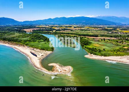 Aerial view of the delta of Pineios river, Larissal, Thessaly, Greece. Stock Photo