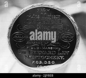Monty's Batow: A close up of the inscription on the Baton. Field Marshal Montgomery's baton was photographed at the War Office, London. January 02, 1945. (Photo by London News Agency). Stock Photo