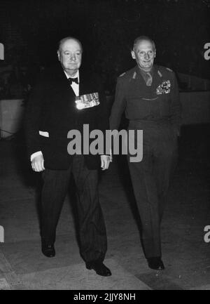 Alamein Reunion at Empress Hall. Earis Court. Field Marshall Viscount Montgomery of Alamein with Winston Churchill. October 20, 1950. (Photo by Daily Mail Contract Picture). Stock Photo