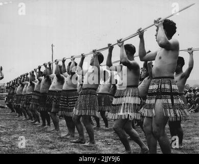 Stick dance by Maori youths at the Rotorua Maori reception to the Queen. January 01, 1954. (Photo by Associated Newspapers Ltd.). Stock Photo