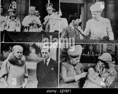 s Elizabeth (now Queen Elizabeth) (left), and Margaret. Top Right: Queen Mary chats with Prince Michael of Kent on the same balcony after watching a fly past during celebrations of King George VI's official birthday, June 8, in 1950. Bottom Left: Queen Mary and her eldest son, The Duke of Windsor, in Grounds of Marlborough House, her London Home, during October 1945. Bottom Right: Queen Mary lends a hand as Princess (now Queen) Elizabeth adjusts the dress of Princess Anne at Buckingham Palace after the Christening there of the Baby Princess. October 21, 1950. (Photo by Associated Press Photo). Stock Photo