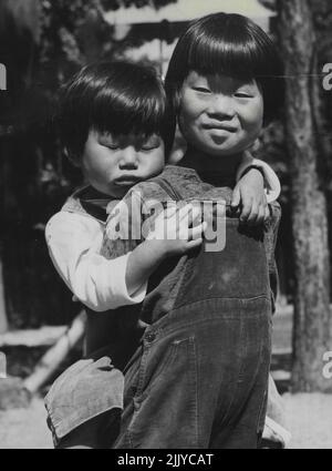 An infant girl, blinded and lips distorted by disease, is assisted by her 7-year-old sister. Sun- day Sun Photographer Norman Herfort took this picture after the children had been in an orphanage for four months. December 14, 1952. Stock Photo