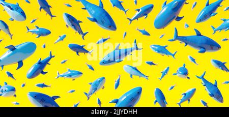 Inflatable blue shark on yellow background. Summer travel concept 3d render 3d illustration Stock Photo