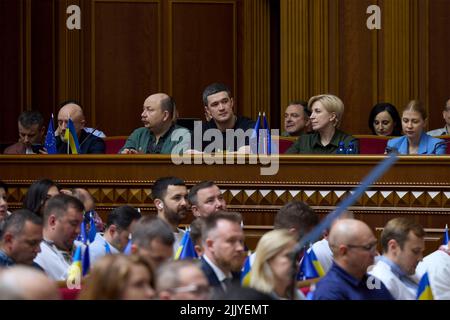 Kyiv, Ukraine. 28th July, 2022. Members of the Ukrainian cabinet attend the special session of the Verkhovna Rada parliament, July 28, 2022 in Kyiv, Ukraine. Sitting from left to right are: Oleksii Reznikov, Oleh Nemchinov, Mykhailo Fedorov, Iryna Vereshchuk, and Olha Stefanishyna. Credit: Ukrainian Presidential Press Office/Ukraine Presidency/Alamy Live News Stock Photo