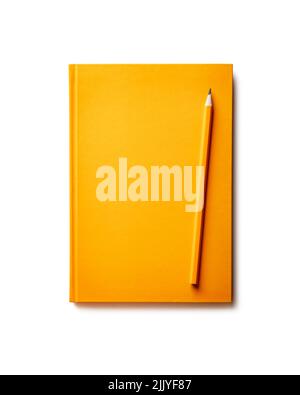 Empty notebook and yellow pencil isolated on white background Stock Photo