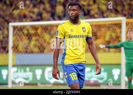 Broendby, Denmark. 28th July, 2022. Kevin Tshiembe (18) of Broendby IF seen during the UEFA Europa Conference League qualification match between Broendby IF and Pogon Szczecin at Broendby Stadion in Broendby. (Photo Credit: Gonzales Photo/Alamy Live News Stock Photo