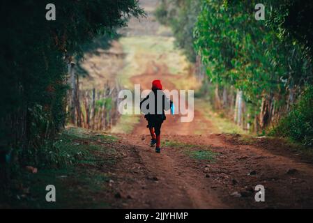A small child from Africa walks to school. illustration photo for child rearing and education in Africa, a child in Kenya Stock Photo