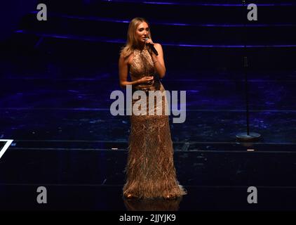 Singer-songwriter Megan McKenna performing at First Direct Arena in Leeds on December 9, 2021 supporting Ball & Bowe on their UK Arena Tour. Featuring: Megan McKenna Where: Leeds, United Kingdom When: 09 Dec 2021 Credit: Graham Finney/WENN Stock Photo