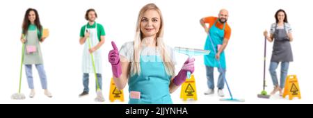 Set of people with cleaning supplies isolated on white Stock Photo
