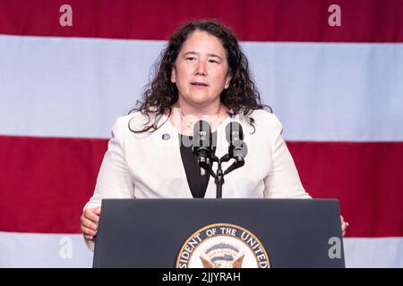 New York, USA. 28th July, 2022. Administrator of the US Small Business Administration Isabel Casillas Guzman speaks during Vice President Kamala Harris announcement of the formation of the Economic Opportunity Coalition to invest in underserved communities at Restoration Plaza in New York on July 28, 2022. 24 companies and foundations to invest tens of billions of dollars in underserved communities to advance the Biden-Harris Administration's work to support Community Development. (Photo by Lev Radin/Sipa USA) Credit: Sipa USA/Alamy Live News Stock Photo
