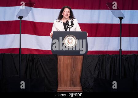 New York, USA. 28th July, 2022. Administrator of the US Small Business Administration Isabel Casillas Guzman speaks during Vice President Kamala Harris announcement of the formation of the Economic Opportunity Coalition to invest in underserved communities at Restoration Plaza in New York on July 28, 2022. 24 companies and foundations to invest tens of billions of dollars in underserved communities to advance the Biden-Harris Administration's work to support Community Development. (Photo by Lev Radin/Sipa USA) Credit: Sipa USA/Alamy Live News Stock Photo