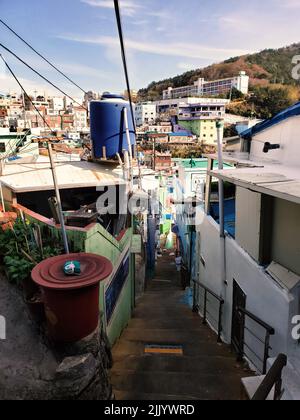 A vertical shot of houses on a hill in Gamcheon Cultural Village, Busan, South Korea Stock Photo