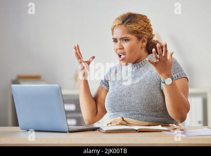 Surprised, shocked and angry business woman, blogger or entrepreneur showing frustrated hand gesture. Face of unhappy and annoyed african female Stock Photo