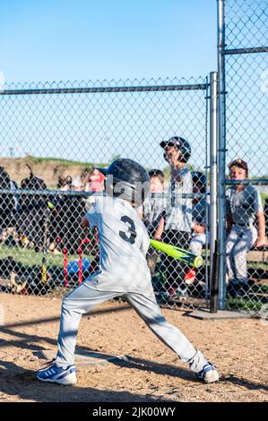 Young boy taking a swing at a baseball with the team defocused in the background. Stock Photo