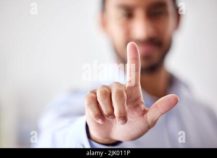 Finger touching, choosing and pushing with hand on virtual touchscreen interface. Closeup of human resource manager using innovation display to select Stock Photo