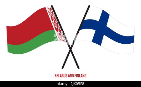 Belarus and Finland flags waving together in the wind on blue cloudy ...