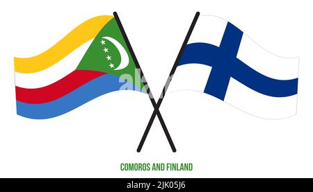 Comoros and Finland Flags Crossed And Waving Flat Style. Official Proportion. Correct Colors. Stock Photo