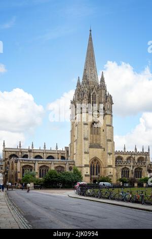 University church of Saint St Mary the virgin Radcliffe Square Sq frontage view against a blue sky with light cloud Oxford England UK Stock Photo