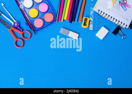 School supplies or stationery with copy space background, Back to school education concept Stock Photo